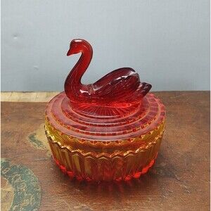 Vintage Ombre Jeanette Amberina Glass Swan Lidded Vanity Powder Candy Dish